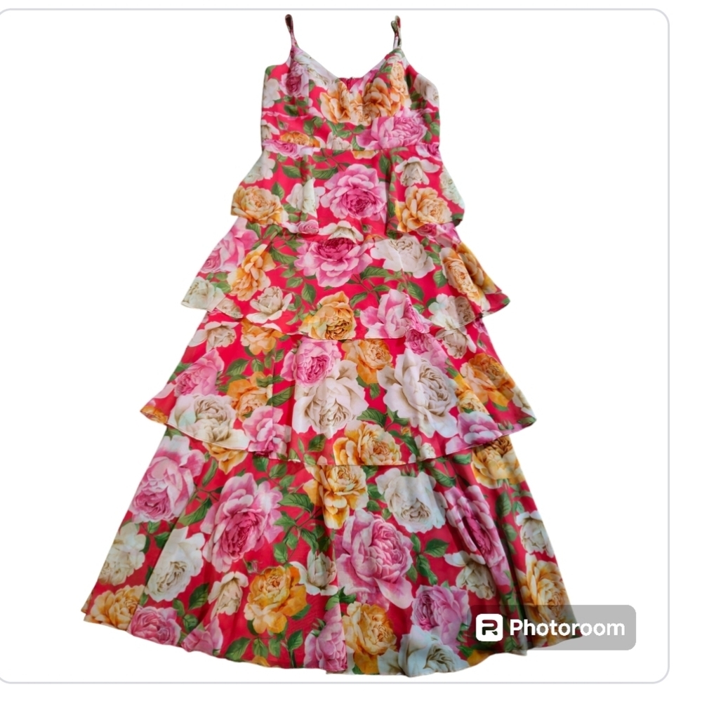 NWT Eliza J Floral Tiered Maxi Dress 16 Pink V-Neck Ruffle Chiffon Gown Wedding - Picture 7 of 14